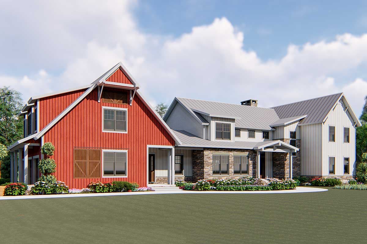 Modern farmhouse house plan exterior with stone base, metal roof, prominent gables, and a red barn-style section.