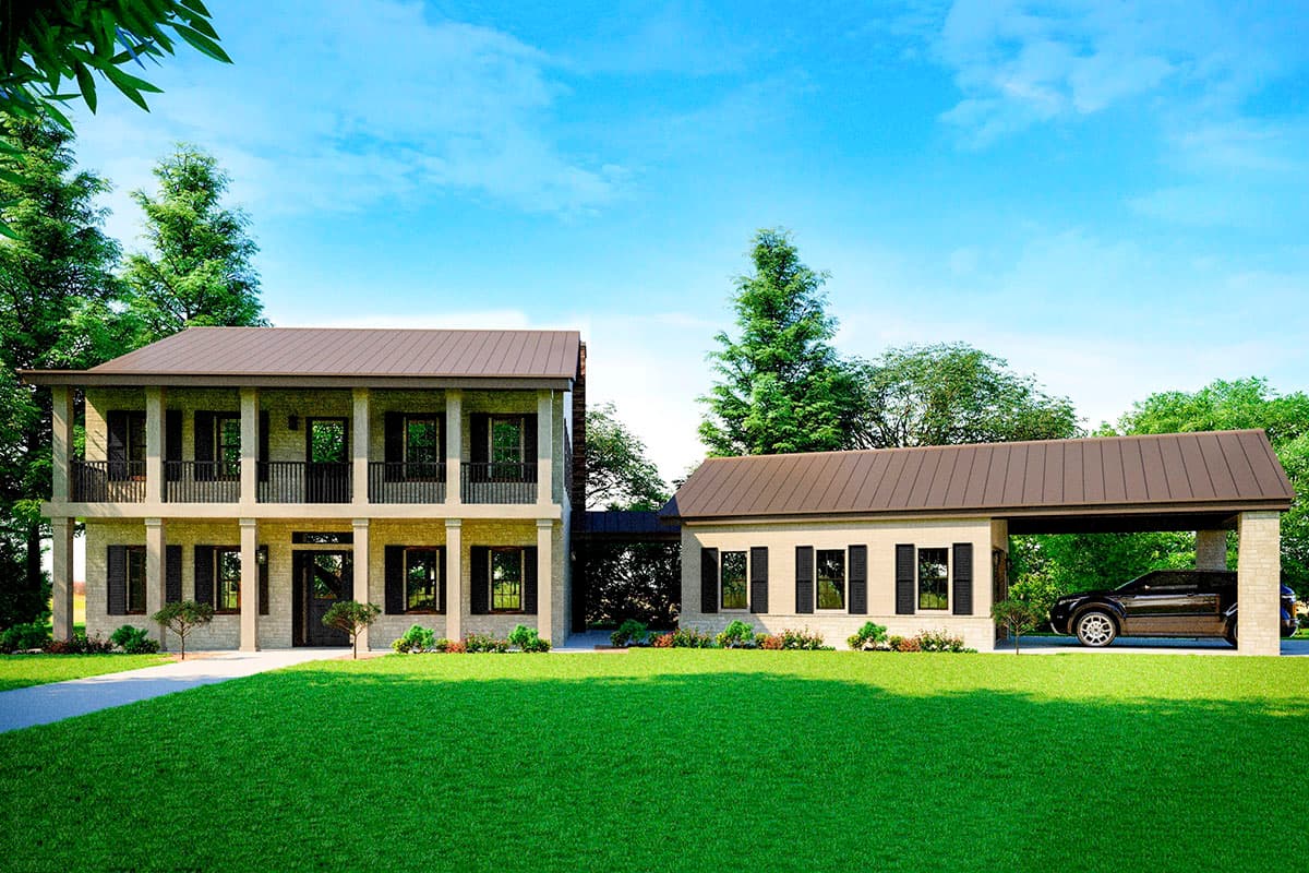 House plan exterior. Two-story home with a wrap-around porch supported by columns. Includes an attached carport and a matching roofline.