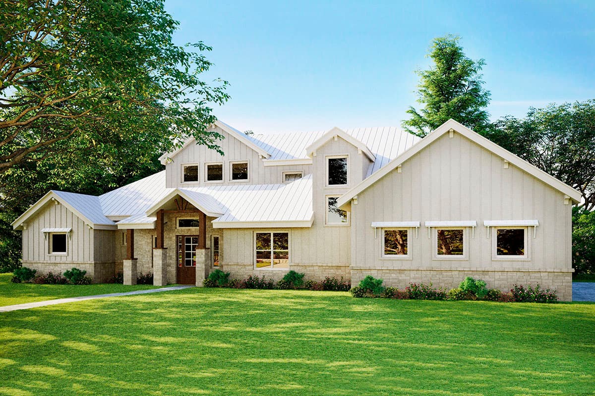 House plan exterior with board and batten siding, multiple gables, and a front porch entry. Features a metal roof and stone accents.