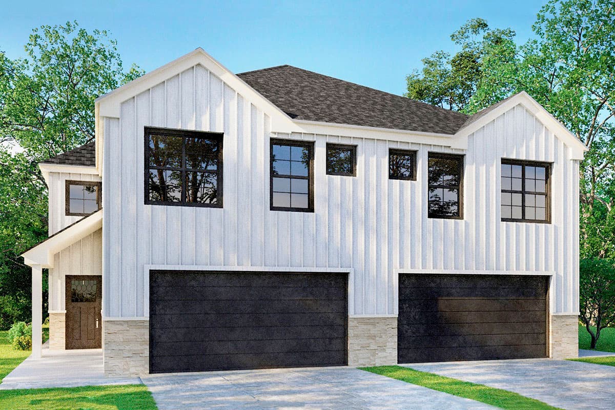 House plan exterior in a two-story Modern Farmhouse style. Features include board and batten siding, gable rooflines, and a two-car garage.