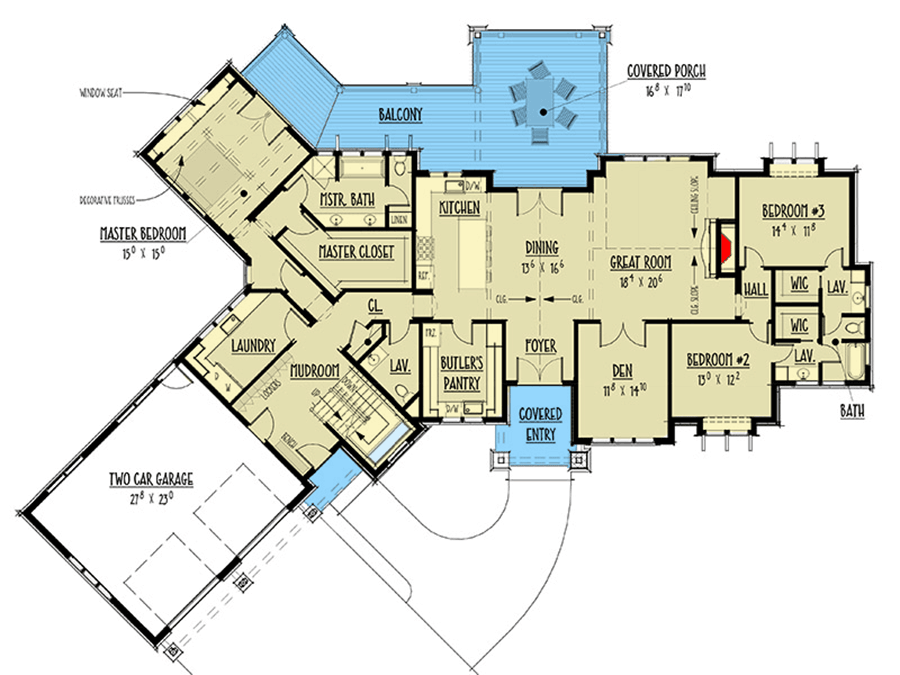 Plan 275003CMM: Rustic Craftsman with Two-Story Great Room and Angled Garage - 2839 Sq Ft - Floor Plan - Main Level - Country, Craftsman, Mountain, Ranch, Rustic, Shingle
