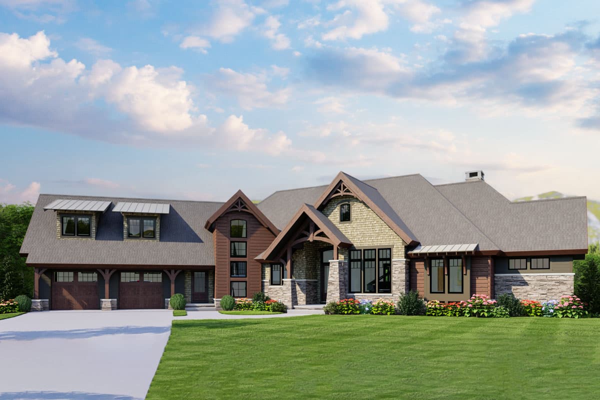 House plan exterior. Two-story Craftsman style home with stone accents, a gabled roof, and a covered front entry porch.