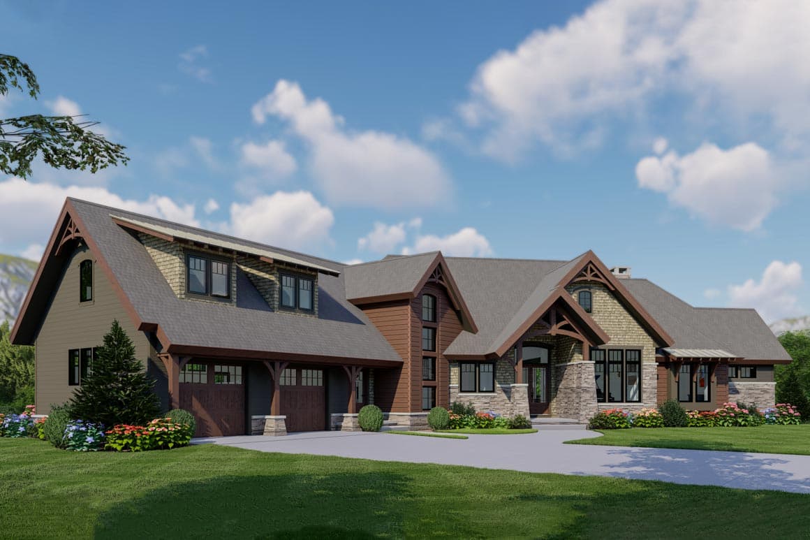 House plan exterior: Lodge style, two stories, gabled dormers, stone and wood siding, and a three-car garage.