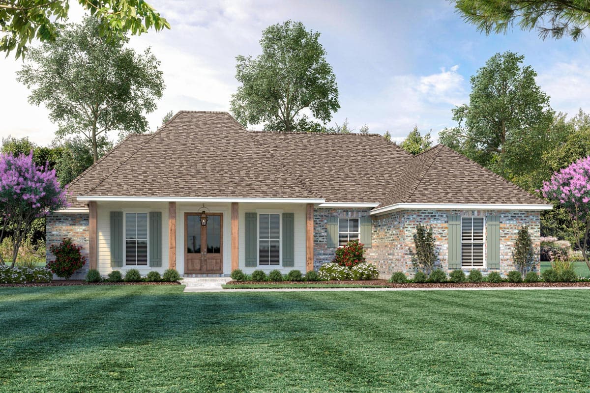 House plan exterior. Ranch-style home with multiple gables, covered porch supported by columns, and brick and siding facade.