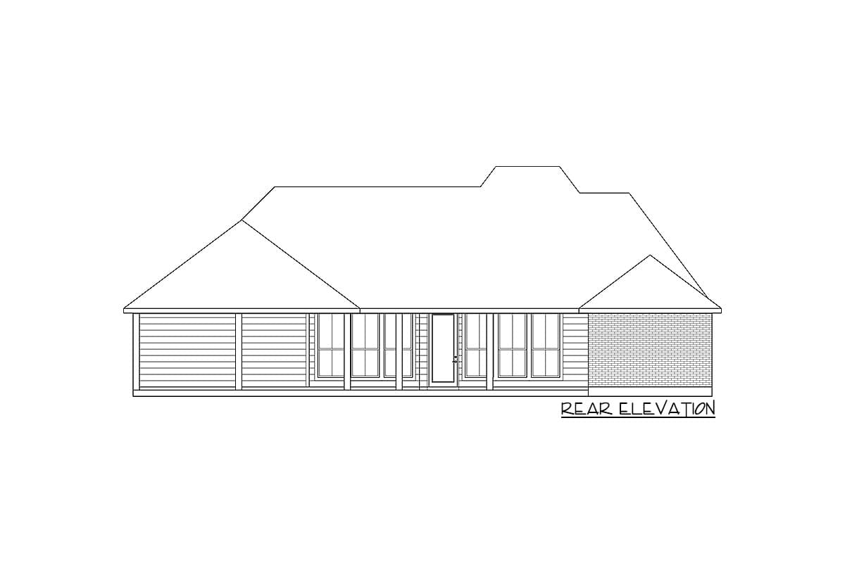 Rear elevation house plan shows a single-story home with horizontal siding, brick accent, numerous windows, and a simple roofline.