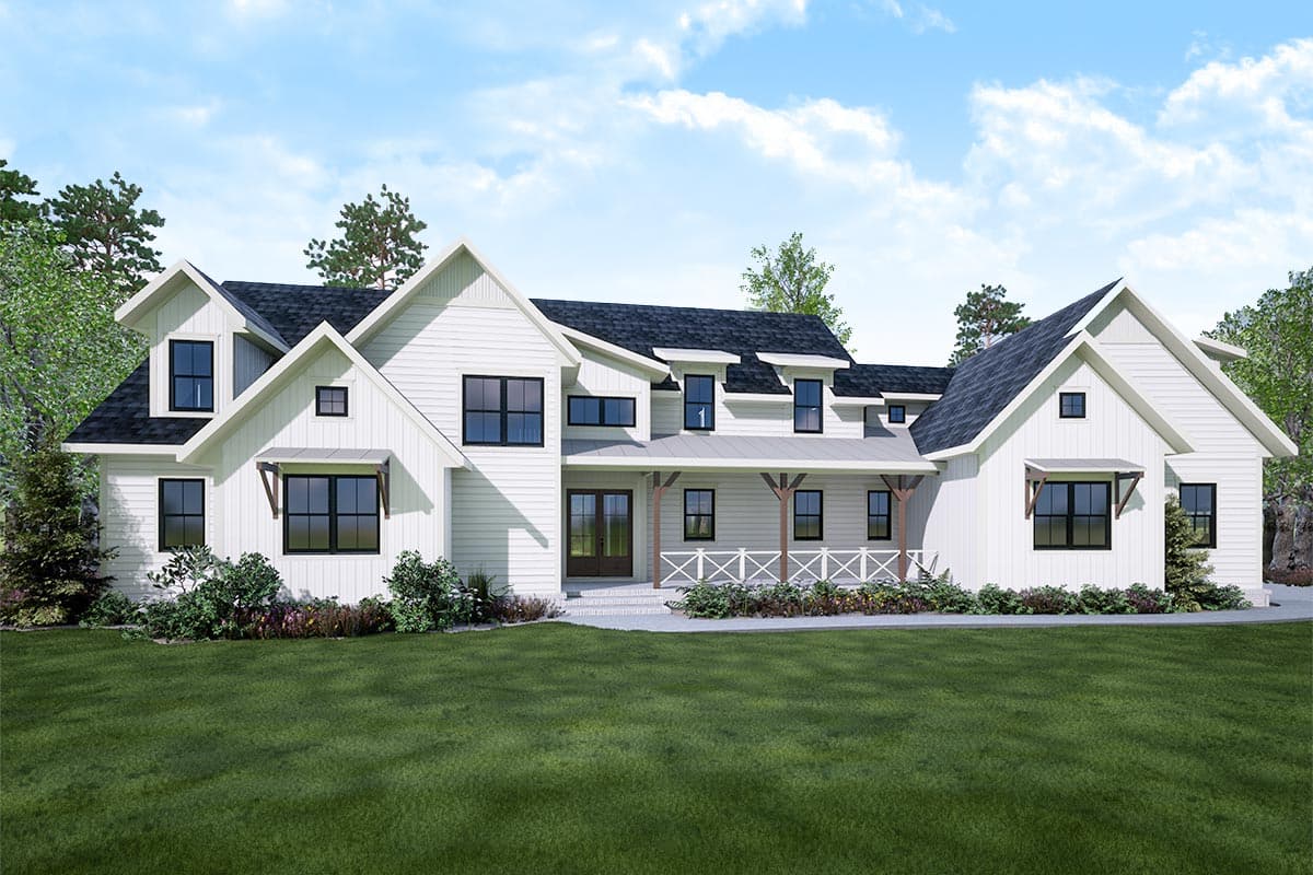House plan exterior. Two-story Modern Farmhouse with gabled roof, covered porch with columns, and multiple dormers.