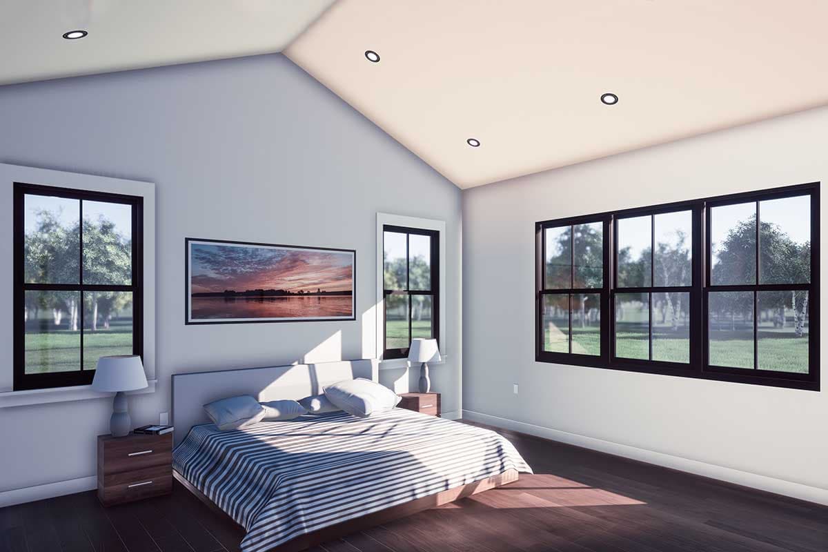 Primary bedroom rendering with vaulted ceiling, large windows, and bed facing framed artwork.