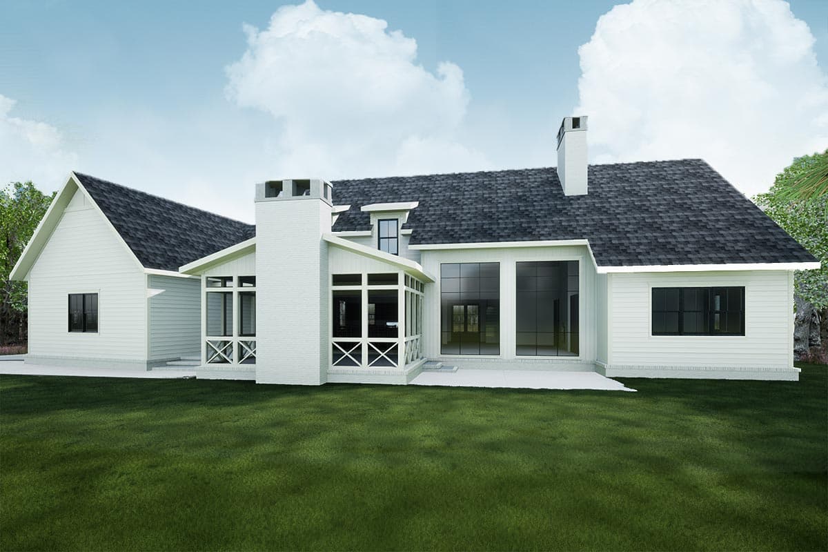 Modern farmhouse house plan exterior with white siding, large windows, screened porch, and brick chimney.