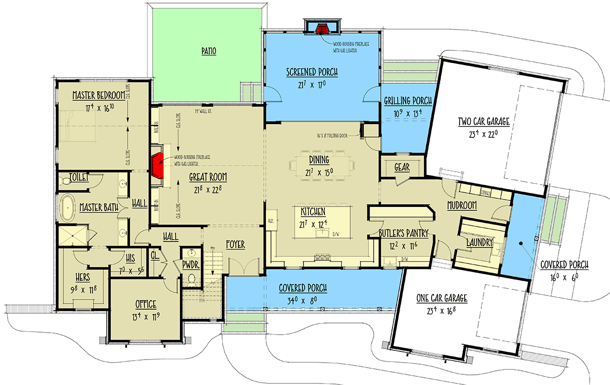 Plan 275006CMM: 5-Bed Modern Farmhouse Plan with Unique Angled Garage - Floor Plan - Main Level - Country, Craftsman, Farmhouse, Modern Farmhouse, New American, Transitional