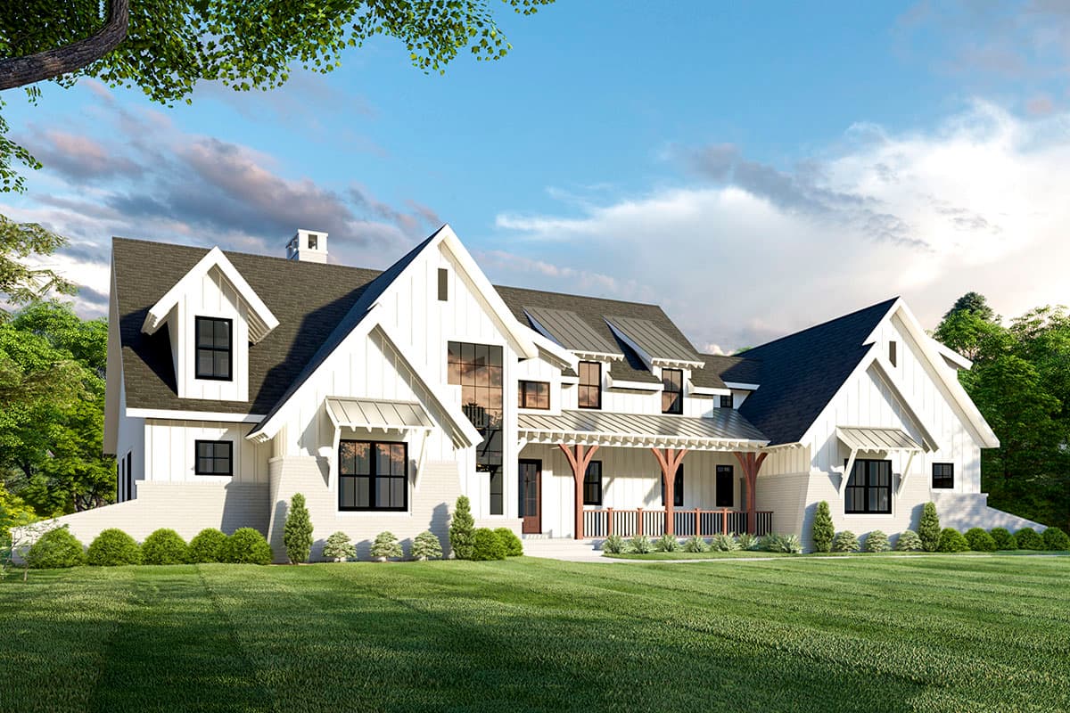 House plan exterior. Two-story Modern Farmhouse with gables, porch with exposed beams, and multiple dormers.