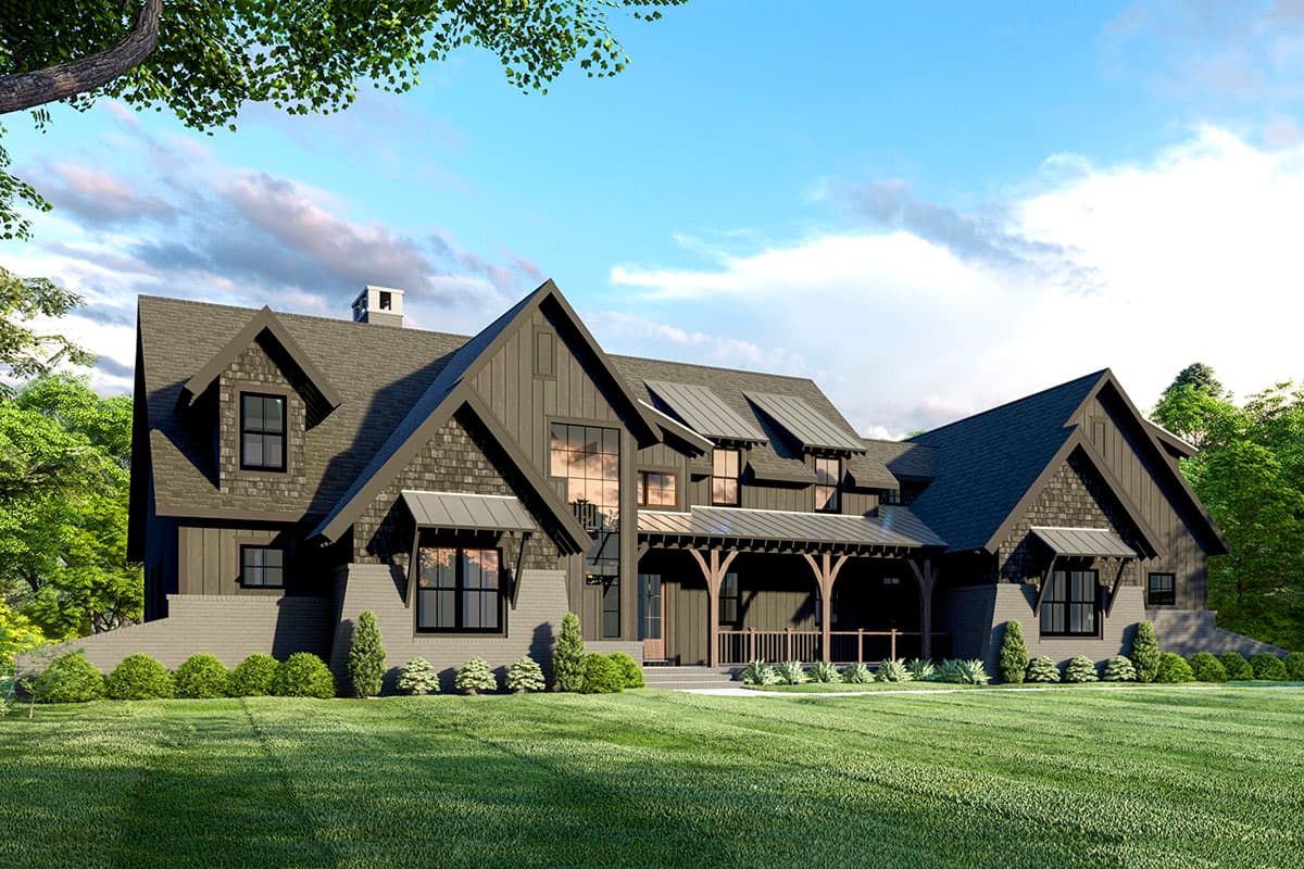 House plan exterior. Modern Farmhouse style, two stories. Features include multiple gables, a covered porch with exposed beams, and dormers.