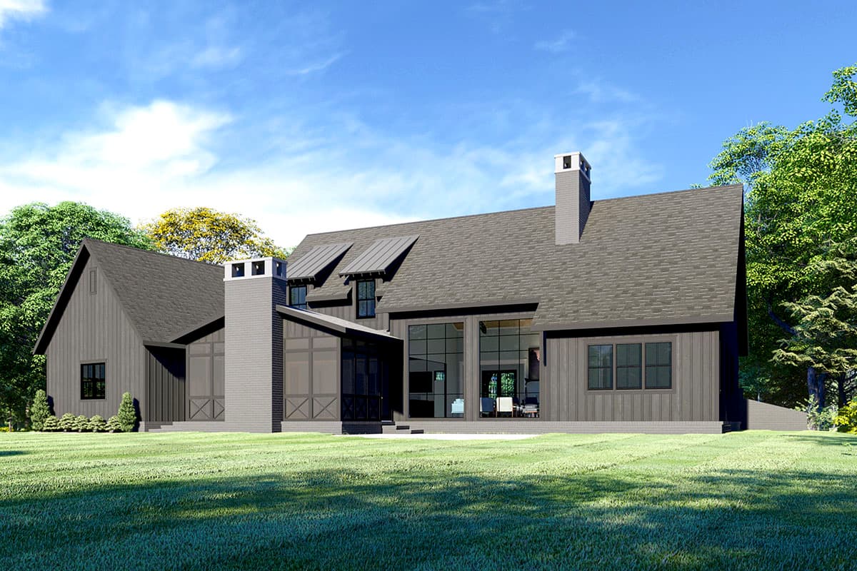 Modern Farmhouse house plan exterior with vertical siding, prominent brick chimney, gables, and large glass windows.