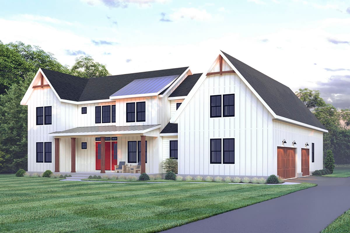 Modern Farmhouse house plan exterior with a covered porch, gable dormers, and a side-entry two-car garage.