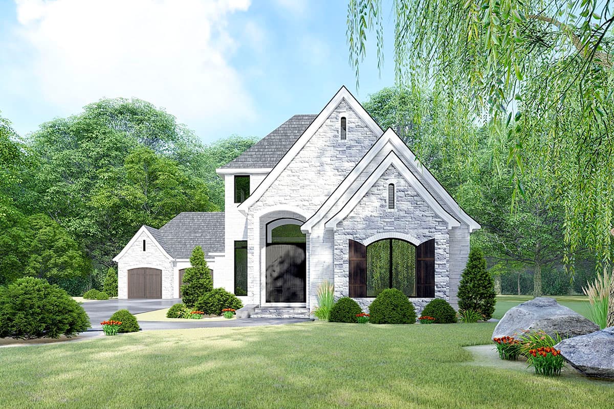 House plan exterior rendering of a two-story home with stone facade, gabled roofs, arched entryway, and attached garage.
