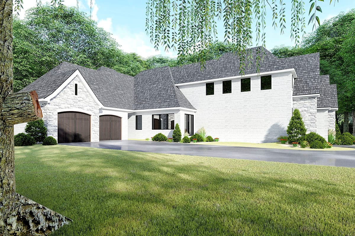 House plan exterior: Modern home with white brick, gable entrance, pitched rooflines, and a three-car garage.