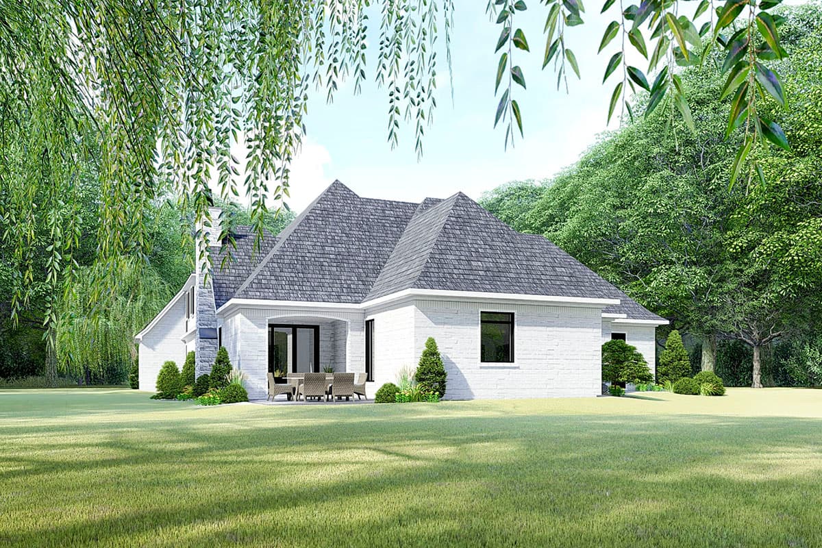 House plan exterior showing a white brick, one-story home with a gray shingle roof, multiple gables, and a covered patio.