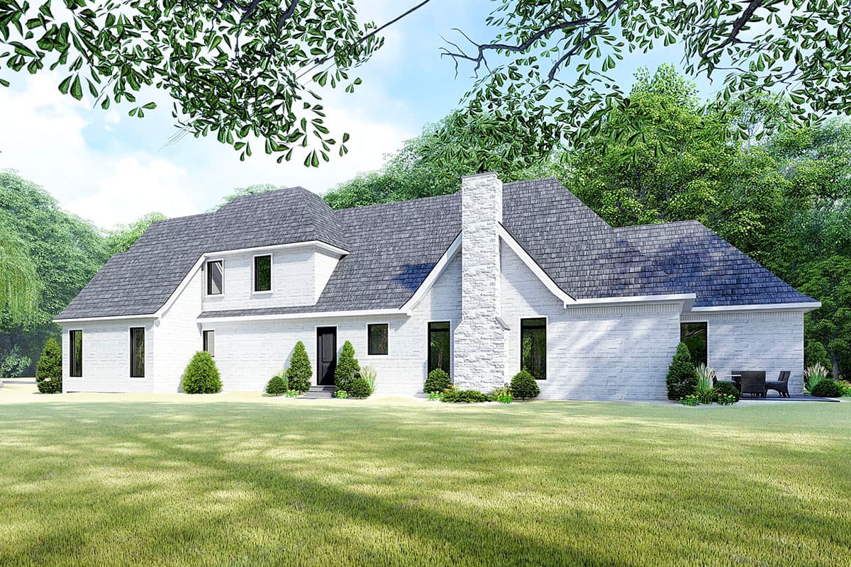 House plan exterior: Two-story Modern Farmhouse with a prominent stone chimney, gabled dormer, and mansard roof.
