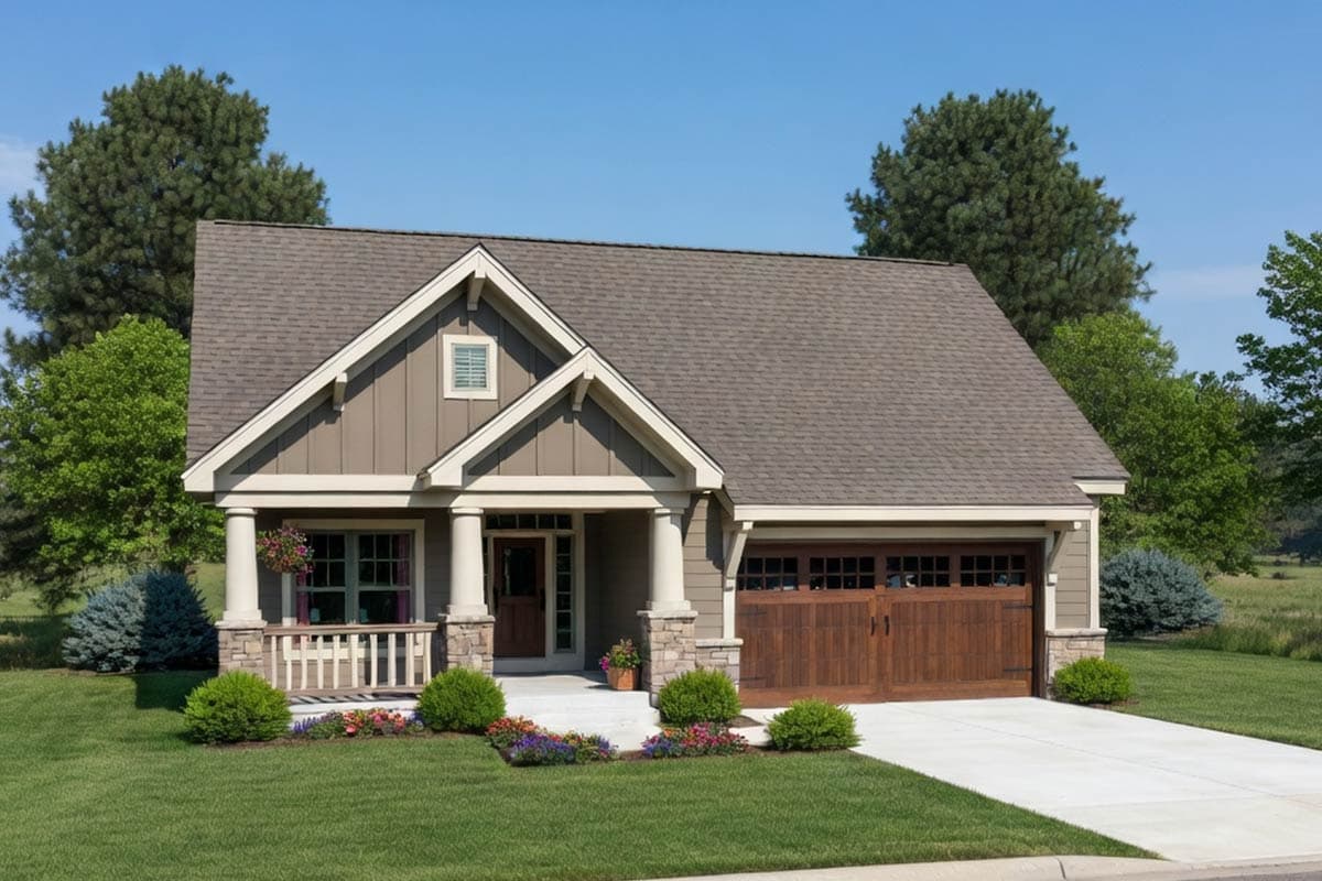 Craftsman style house plan exterior with covered porch, stone accents, gable dormer, and a two-car garage.