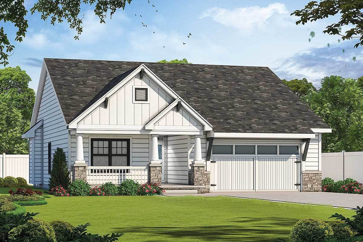 House plan exterior. Craftsman style, single-story home with a gabled roof, front porch, and garage with stone accents.