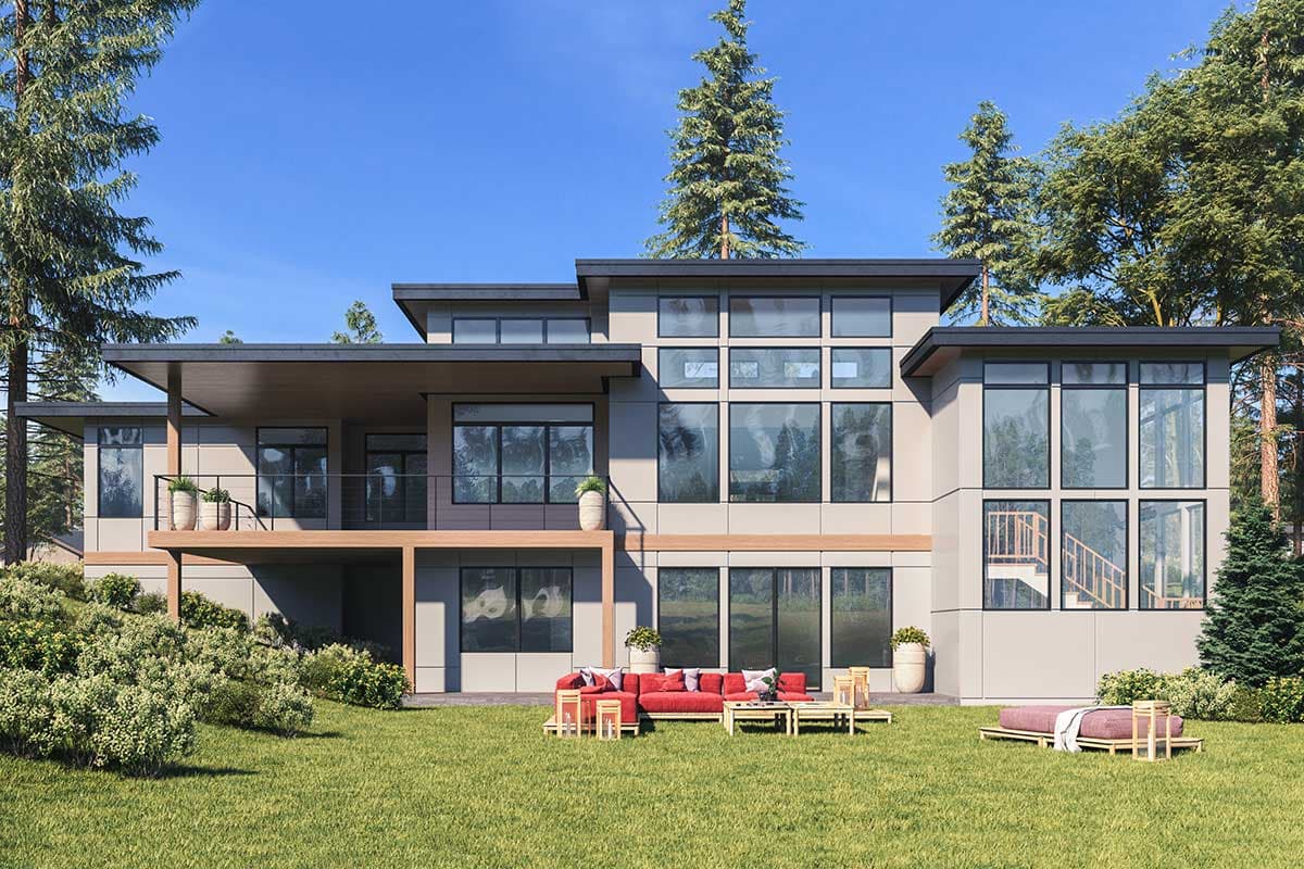 Modern house plan exterior with multiple stories, large windows, flat rooflines, and a covered balcony.