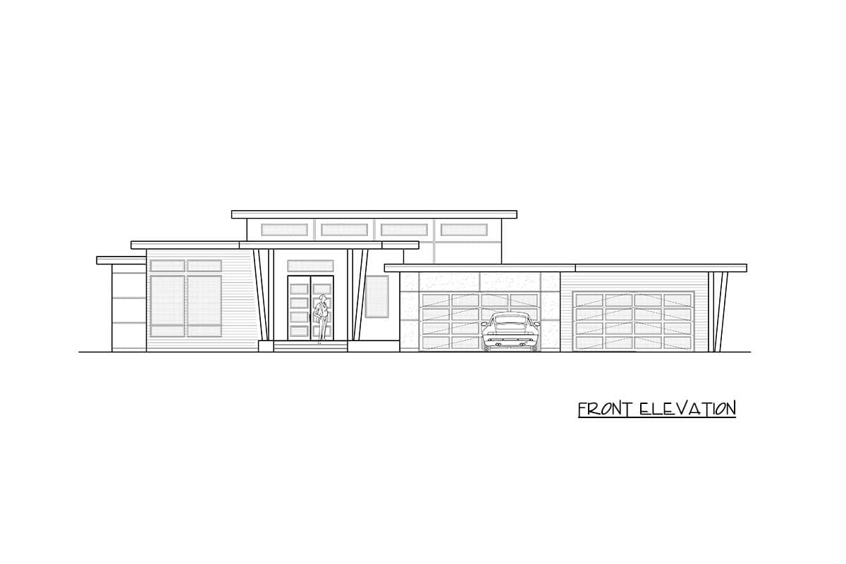 Front elevation drawing of a modern house with a covered entry, multiple flat rooflines, large windows, and an attached garage.