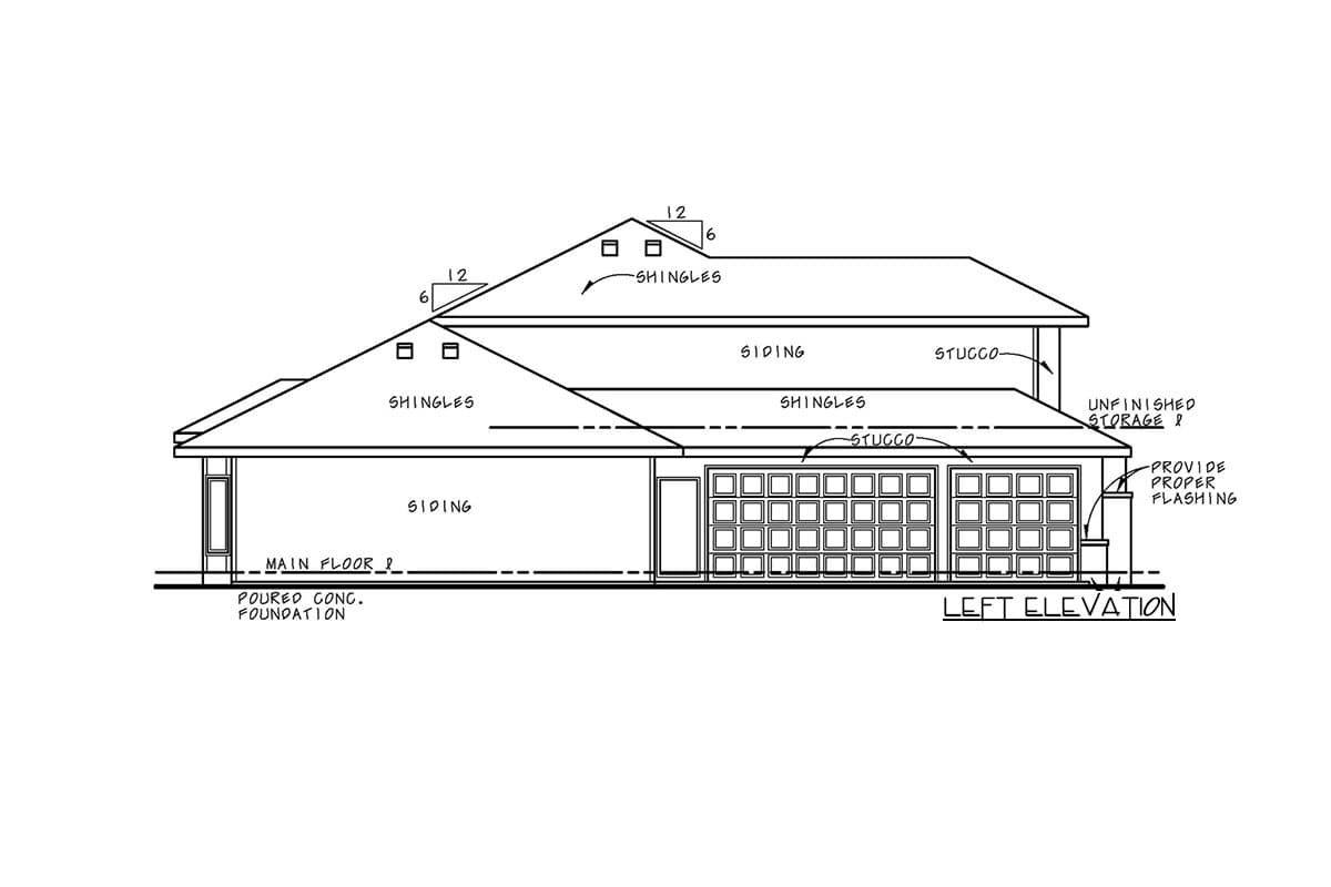 Left elevation house plan showing siding, stucco, shingles, two garage doors, and a poured concrete foundation.