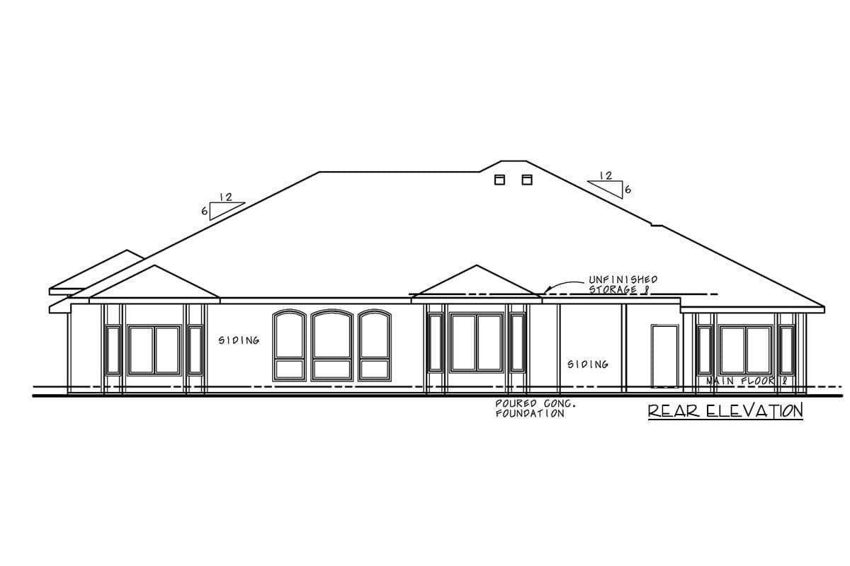 Rear elevation of a house plan with siding, multiple windows, dormers, and a poured concrete foundation.