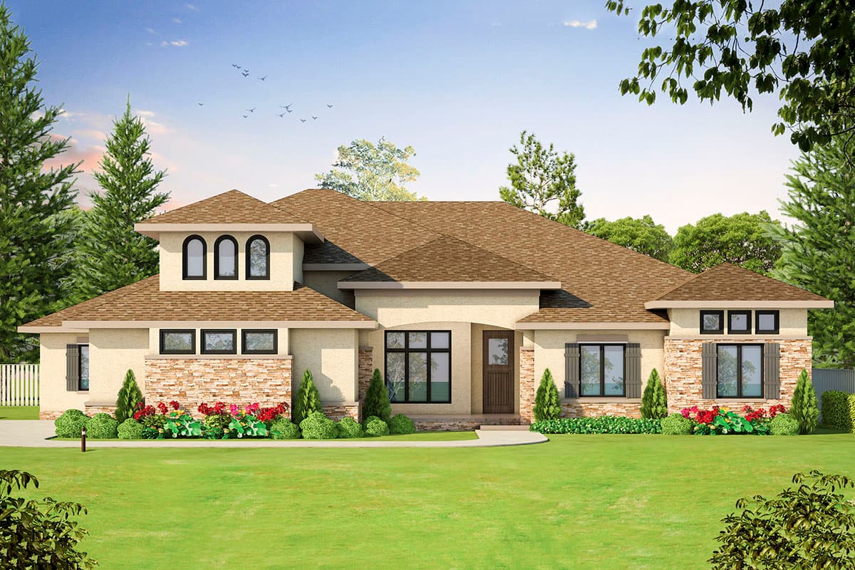 House plan exterior with stucco siding. Features include a low-pitched roof, stone accents, and multi-paned windows, 1-story house with dormers.