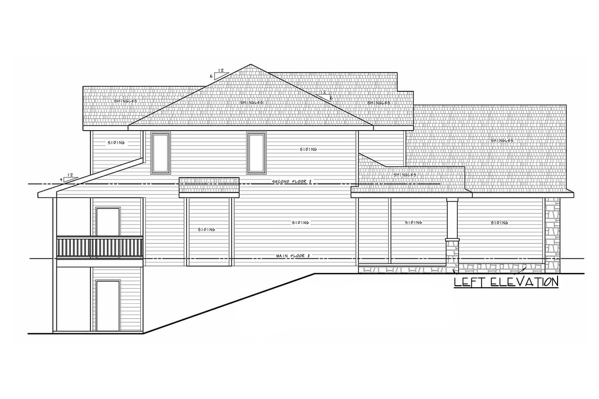 Left elevation house plan showing two stories, siding, pitched roof with shingles, and a covered porch with stone accents.