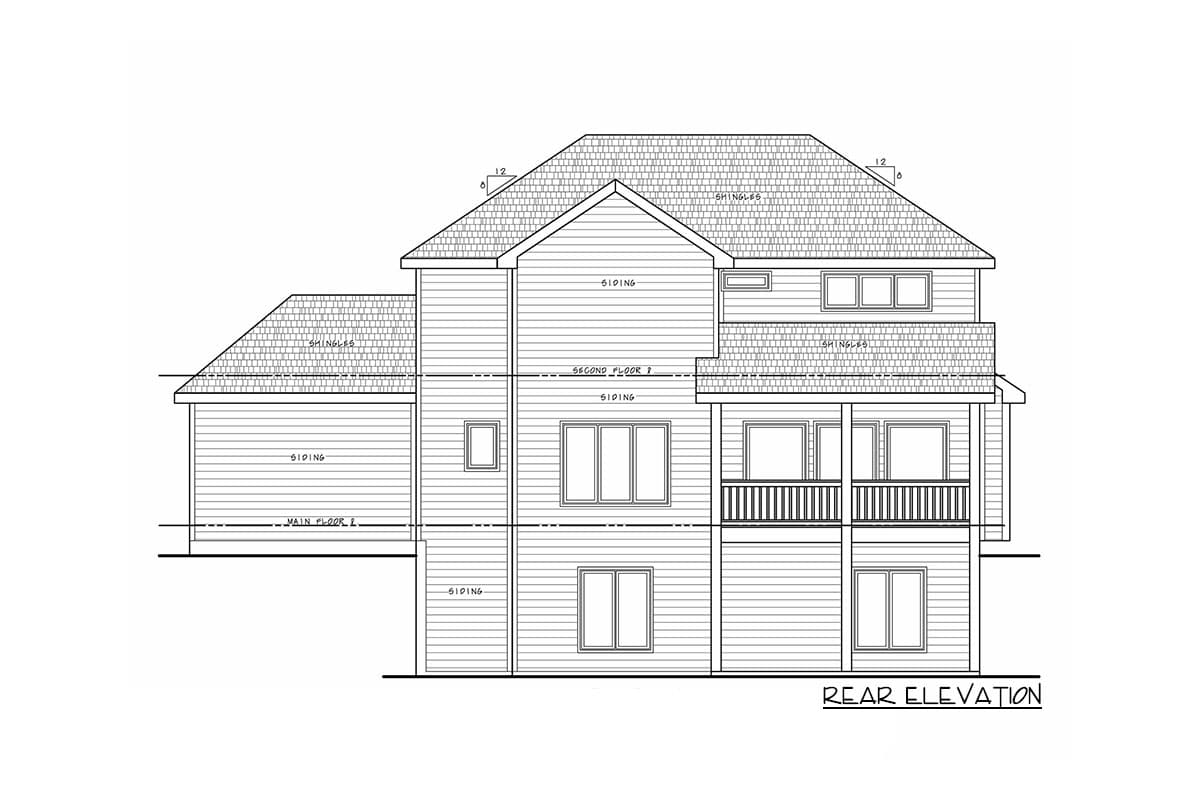Rear elevation drawing of a two-story house plan with siding, gables, and a covered balcony.