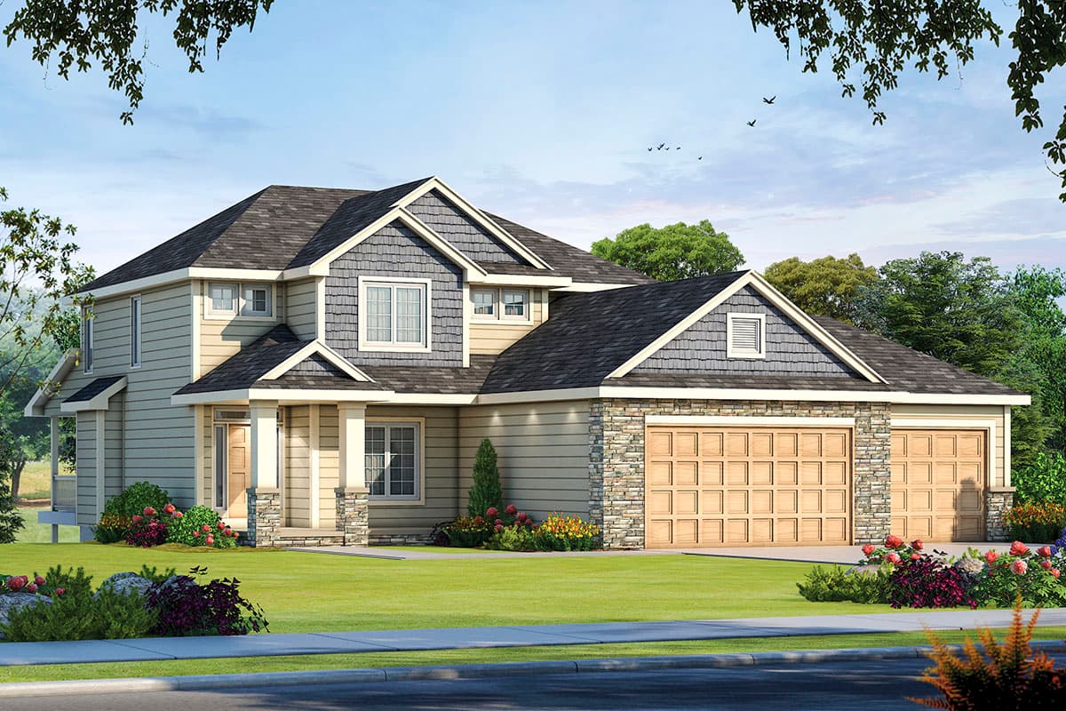 House plan exterior. Two-story with Craftsman details: gabled rooflines, stone facade, and two-car garage. Porch with columns is also visible.