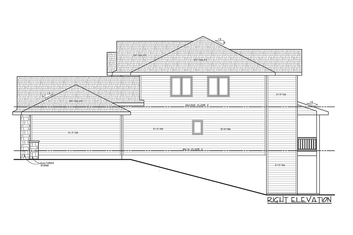 Right elevation house plan drawing showing two stories, siding, gables, and a covered porch.