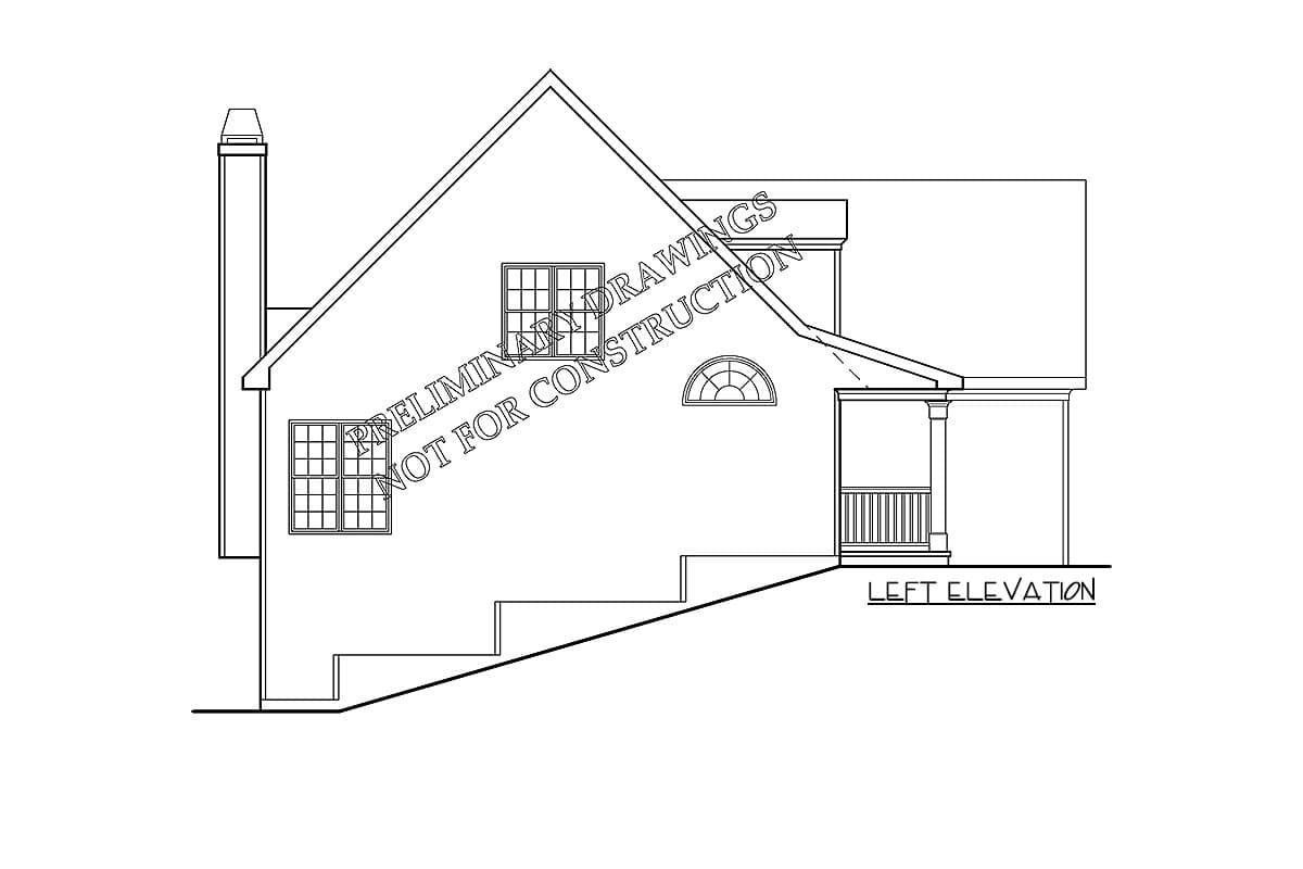 Left elevation house plan with a gabled roof, chimney, portico with columns, and multi-pane windows.