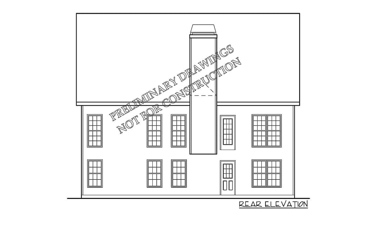 Rear elevation drawing of a two-story house plan with a central chimney and multiple multi-pane windows.