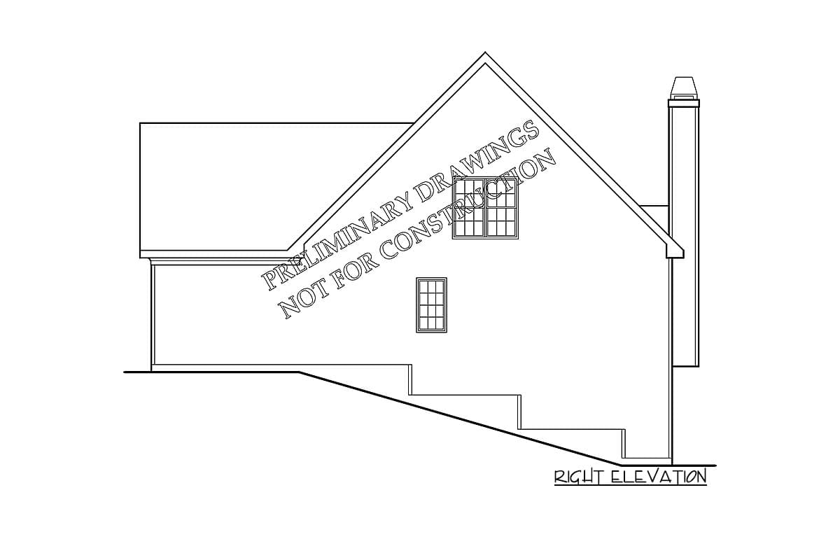 Right elevation drawing of a house plan showing a sloped foundation, windows, and a chimney.