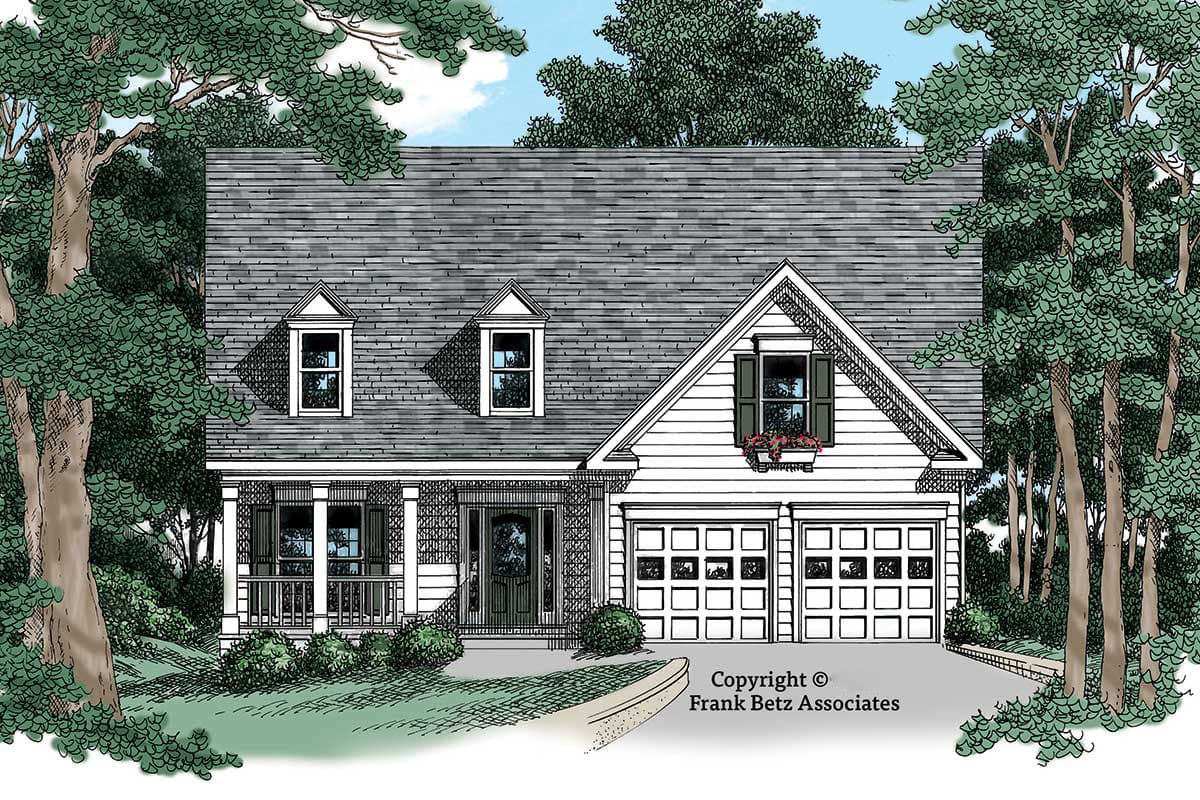 House plan exterior with two stories, a front porch, dormers, and a gabled roof above the garage.
