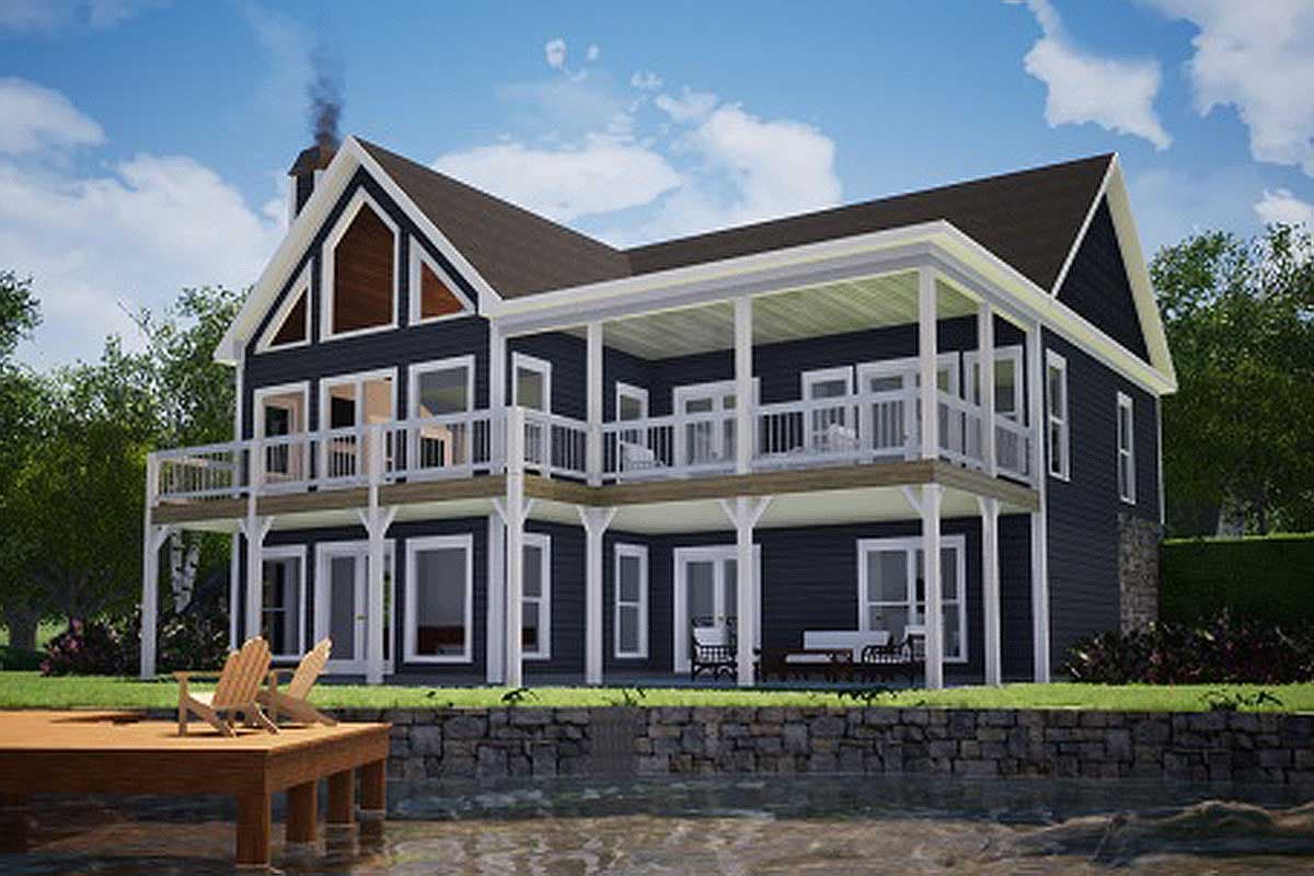 House plan exterior. Two-story home with a gabled roof. Features include a two-level porch, a prominent gable end window, and a chimney.