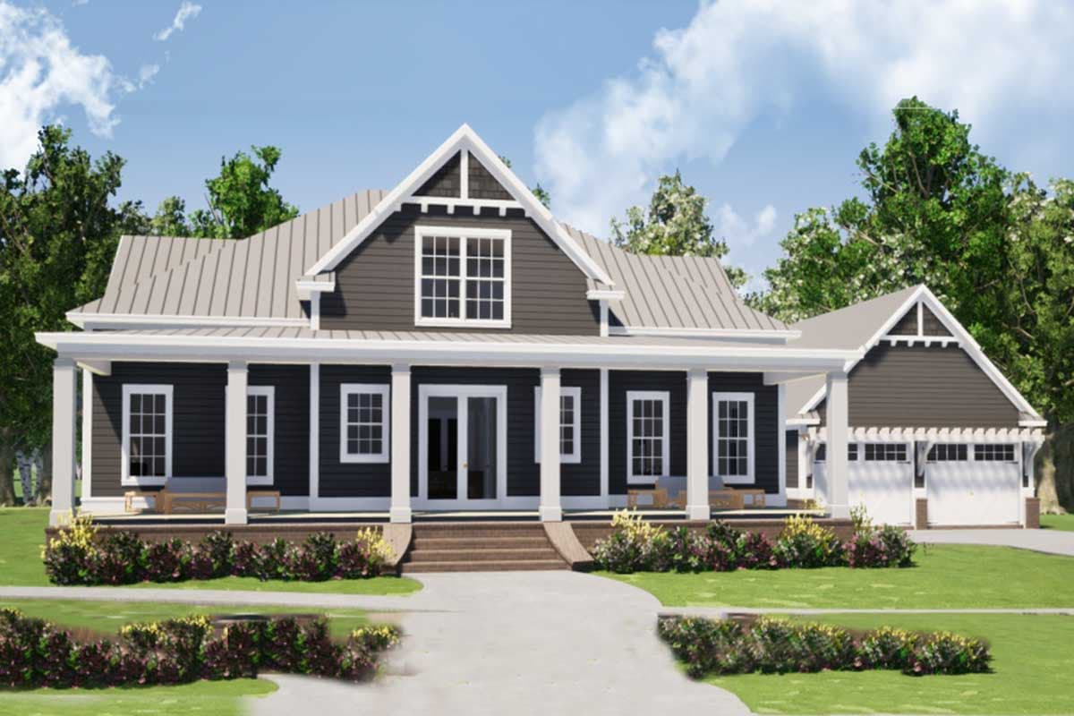 House plan exterior. Two-story Modern Farmhouse with a gabled roof, a covered porch with columns, and a detached garage.