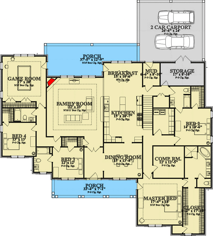 Plan 86338HH: Spacious Ranch House Plan with Rear Carport - Floor Plan - Main Level - Country, Ranch, Traditional