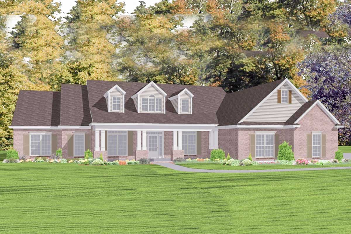 House plan exterior. Two-story Colonial-style home with a front porch, multiple dormers, brick facade, and gabled rooflines. Landscaped front yard.