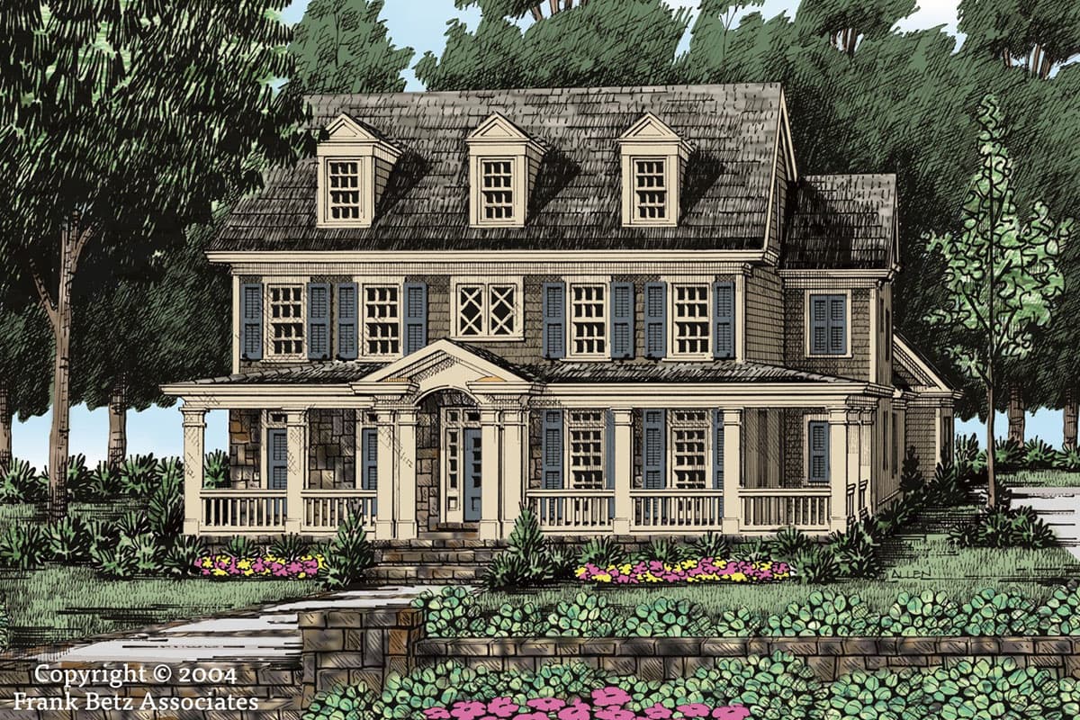 House plan exterior: two-story Traditional style with wrap-around porch, three dormers, and symmetrical facade.