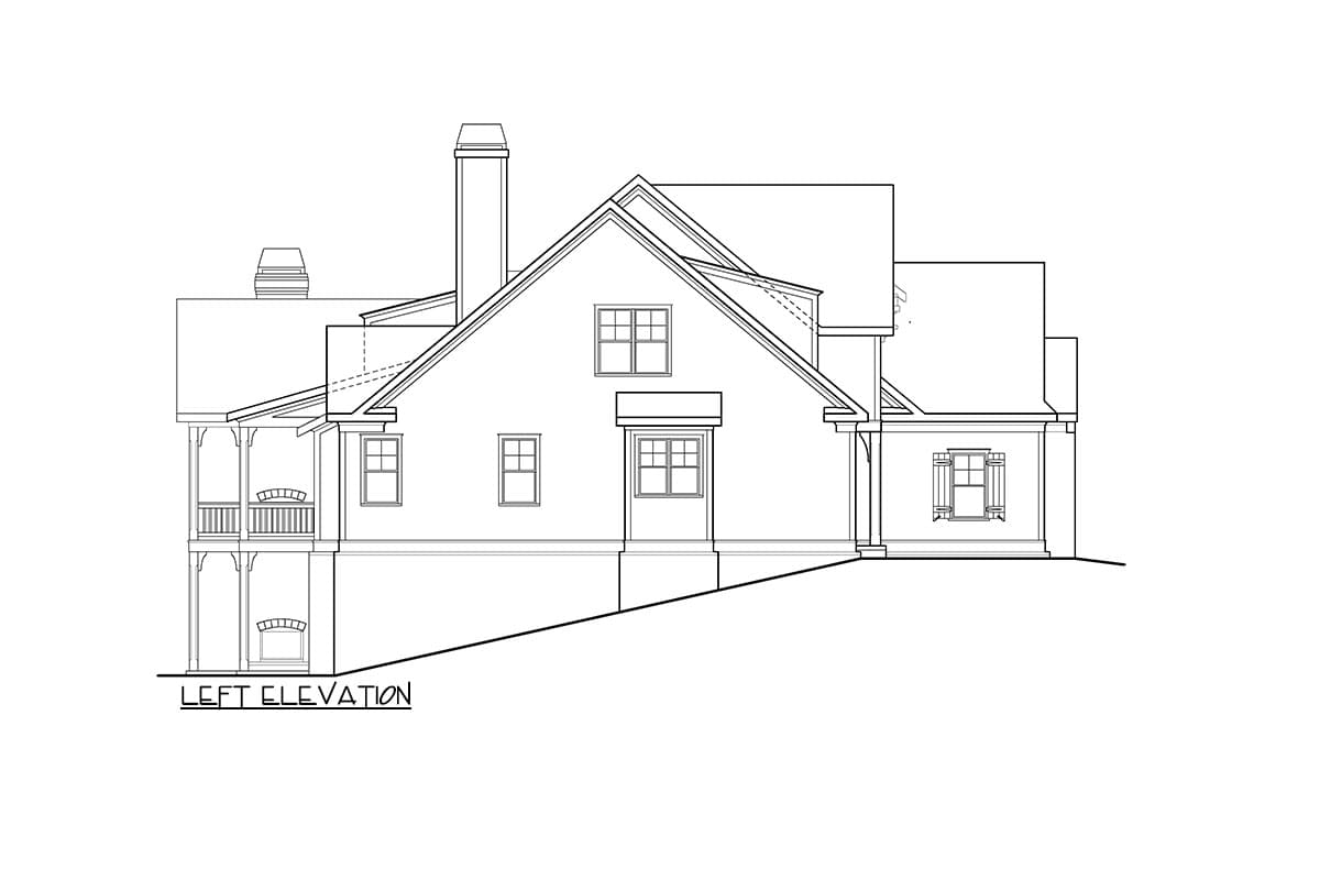 Left elevation house plan shows multiple gables, dormers, chimneys, and a wraparound porch with railings.