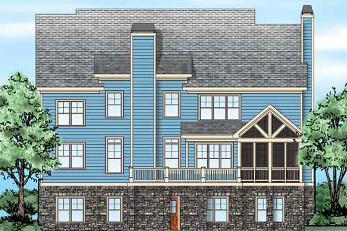 House plan exterior featuring stone base, blue siding, multiple gables, dormers, and a screened porch.