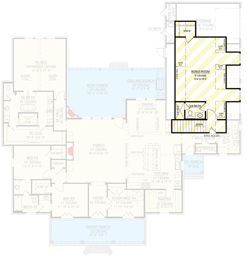 Plan 56449SM: Country-Style Acadian with Outdoor Kitchen and Optional Bonus Room - 2740 Sq Ft - Floor Plan - Bonus Level - Acadian, Country, Louisiana-Style, Southern