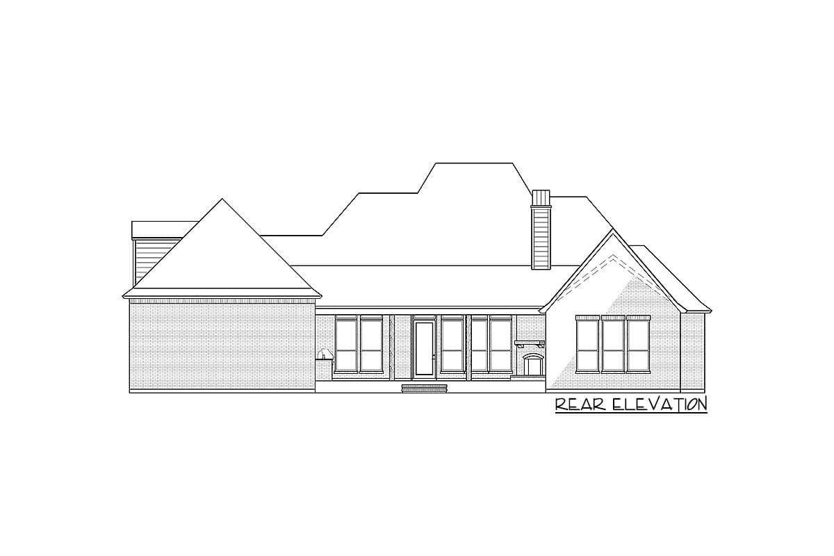 Rear elevation drawing of a brick house with multiple gables, a chimney, and a covered porch with multiple windows.