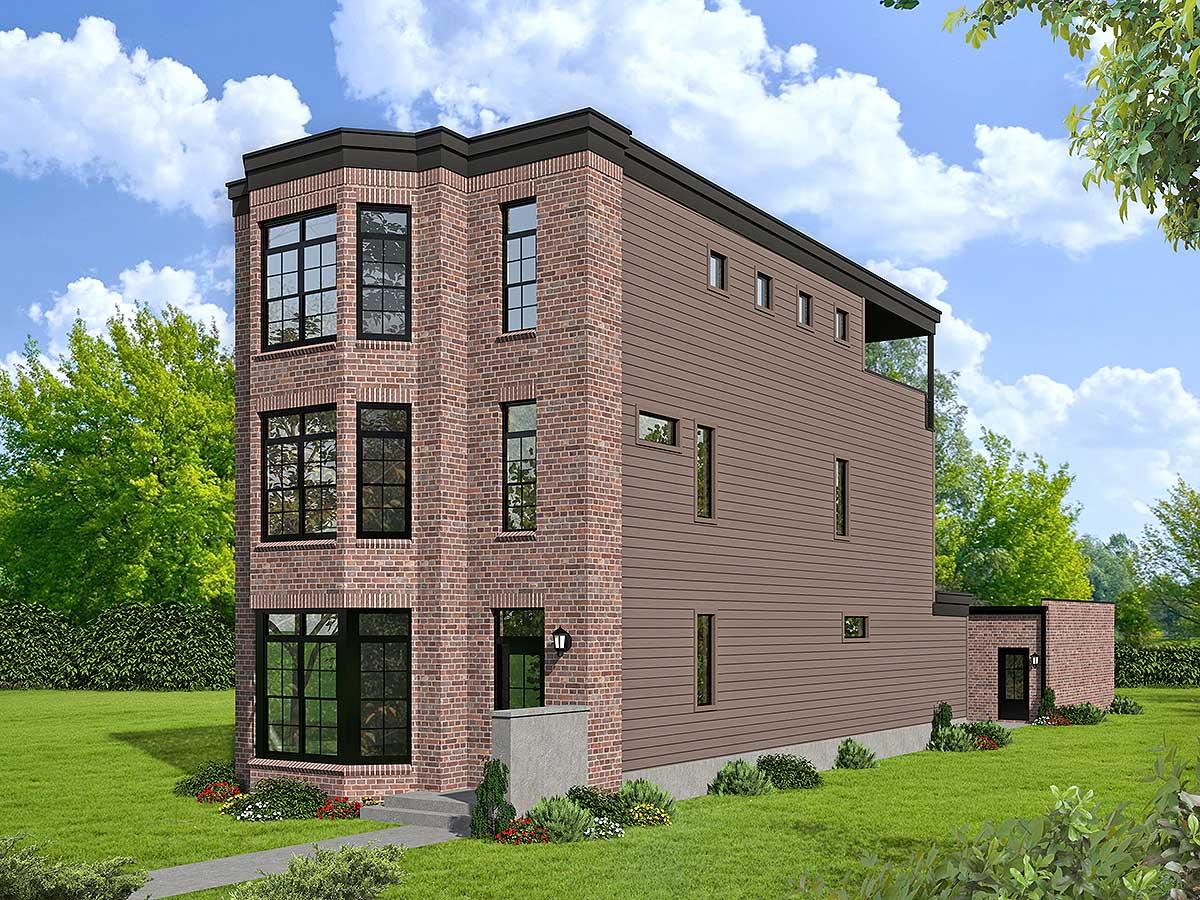 House plan exterior with brick facade and wood siding. Multi-story home with large windows, flat roof, and a small, brick entrance alcove.