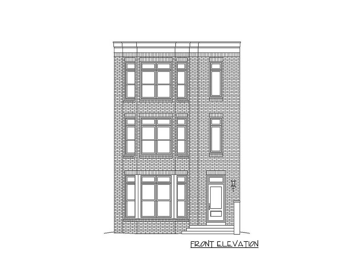 Front elevation drawing of a three-story house with multiple windows and a central door.
