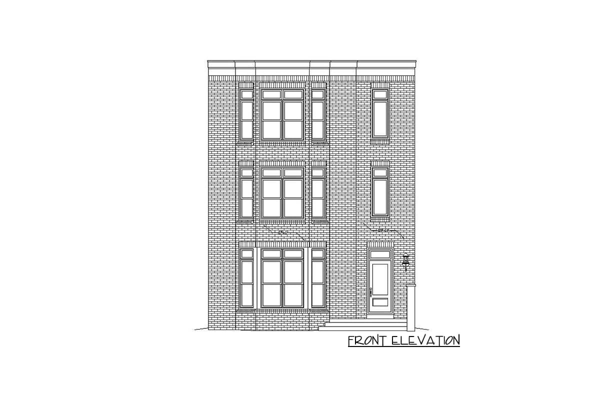 Front elevation of a three-story house plan with a brick facade, bay windows, and a central entry door.
