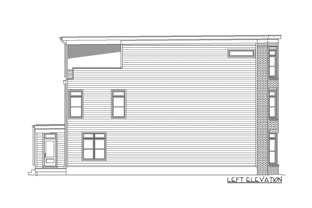 House plan left elevation drawing shows siding, a covered porch entrance, multiple windows, and a brick corner.