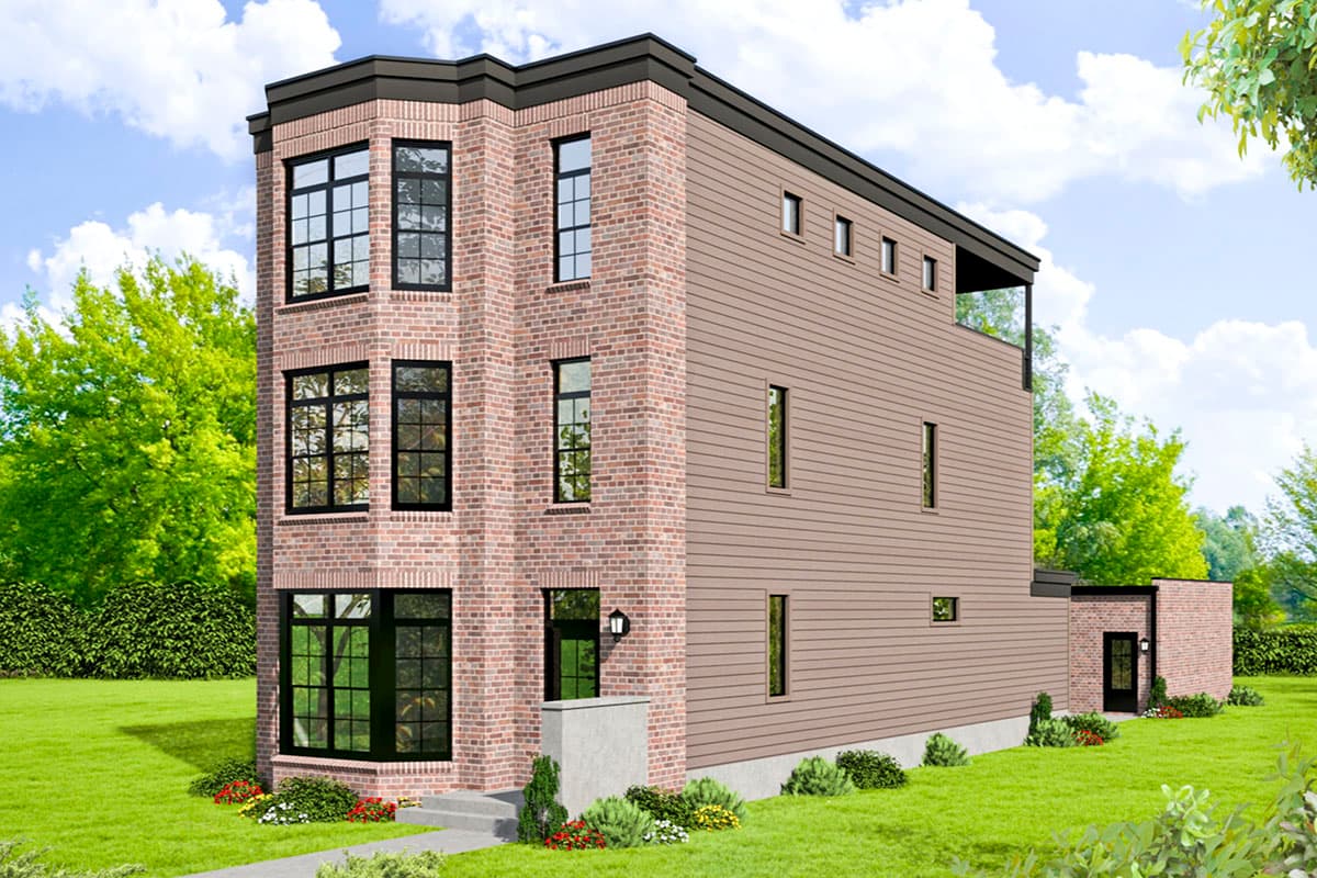 House plan exterior with brick facade and wood siding. Multi-story home with large windows, flat roof, and a small porch. Includes attached garage.
